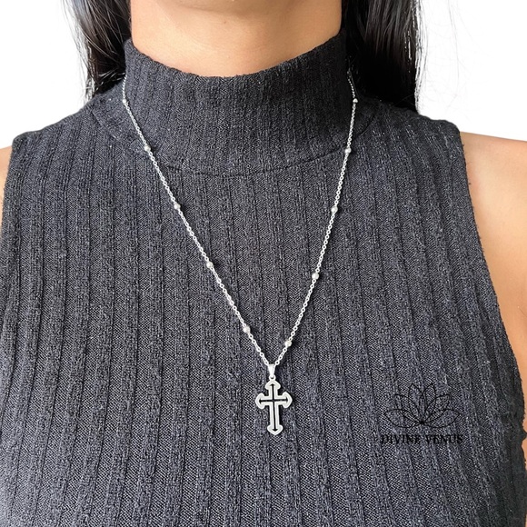 Sacred Cross Necklace | Stainless Steel | 20” Satellite Chain - Picture 1 of 3